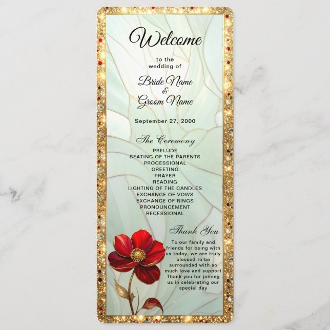Programa de Casamento Flor Vermelha de Vidro Color (Frente)