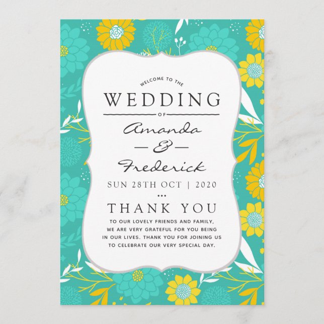 Programa de Casamento Floral Amarelo e Teal (Frente)