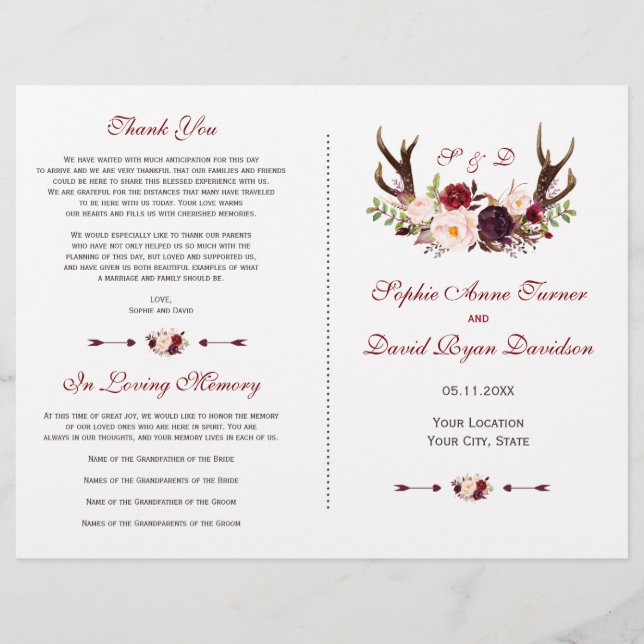 Programa de Casamento Floral Antílope Marsala Borg (Frente)