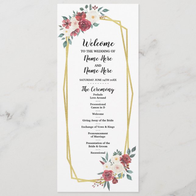 Programa de Casamento Floral Aquarela Menu Creme V (Frente)