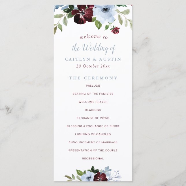 programa de casamento floral azul-burgundy (Frente)
