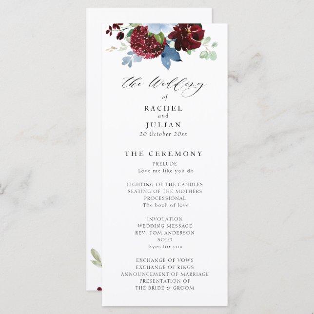 programa de casamento floral azul-burgundy (Frente/Verso)