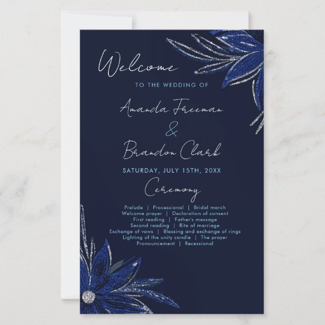 Programa de Casamento Floral Azul Chic Silver e Ma (Frente)