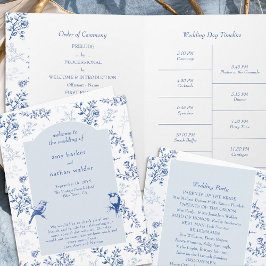 Programa de Casamento Floral Azul Chinoiserie Eleg