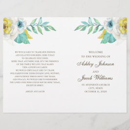 Programa de casamento floral azul e amarelo dobrad