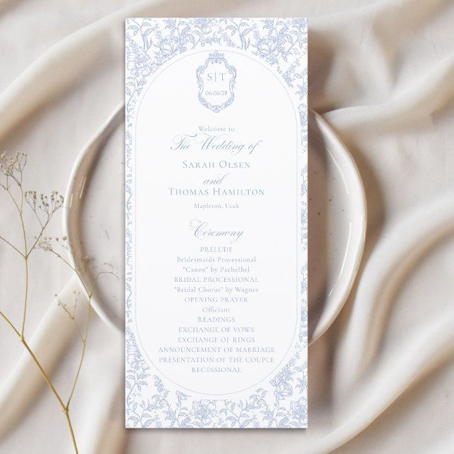 Programa de Casamento Floral Azul e Branco Chinois (Criador carregado)