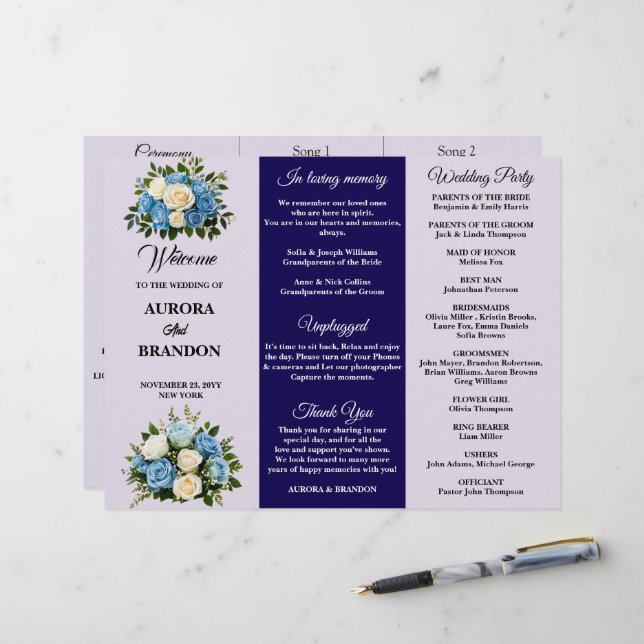 Programa de Casamento Floral Azul e Branco Persona (Frente/Verso In Situ)