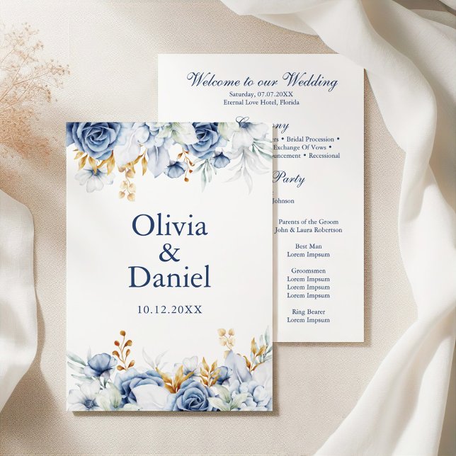 Programa de Casamento Floral Azul e Dourado Modern (Modern Bluen and Gold Floral Wedding Program on an elegant white wedding table)