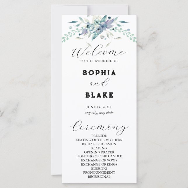 Programa de Casamento Floral Azul e Verde Elegante (Frente)