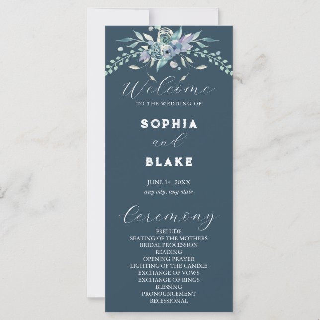 Programa de Casamento Floral Azul e Verde Elegante (Frente)