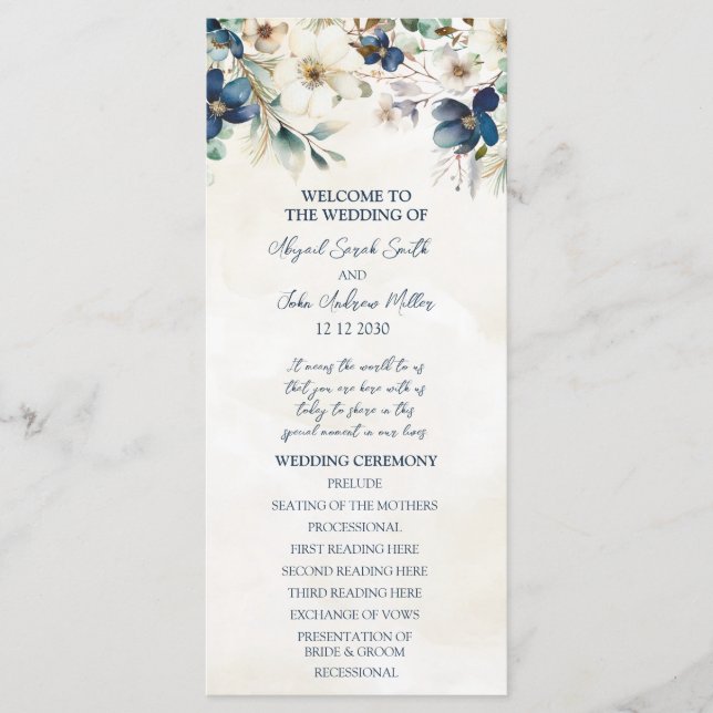 Programa de Casamento Floral Azul Elegante de Inve (Frente)