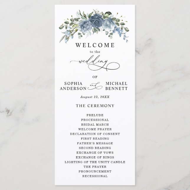 Programa de Casamento Floral Azul Elegante e Empol (Frente)