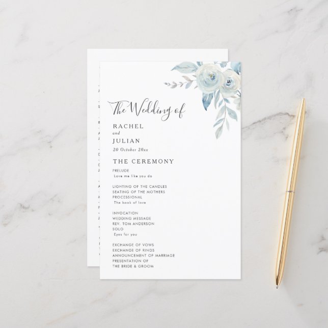 Programa de casamento floral azul empoeirado de aq (Frente/Verso In Situ)