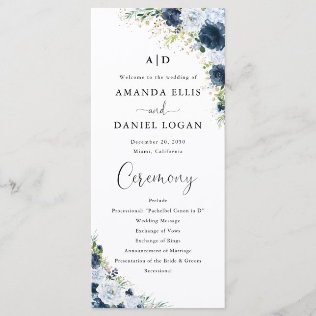 Programa de Casamento Floral Azul Marinho (Frente)