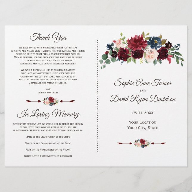 Programa de Casamento Floral Azul Marinho Merlot C (Frente)