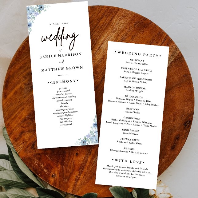 Programa de Casamento Floral Azul Poeirento Elegan (Elegant dusty blue floral wedding program guides guests through your ceremony with graceful charm)