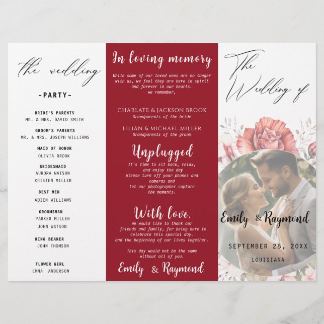 Programa de Casamento Floral Bege Burgundy Terraco (Frente)