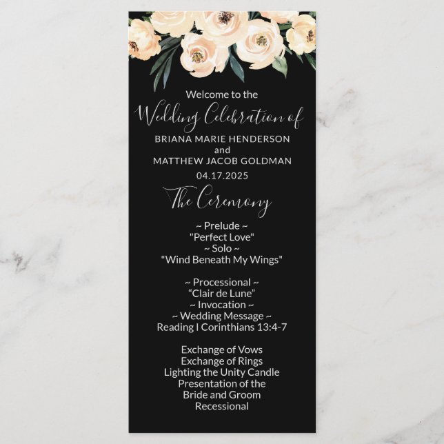 Programa de Casamento Floral Bege Preto (Frente)