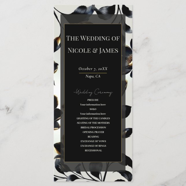 Programa de Casamento Floral Bege Preto e Dourado (Frente)