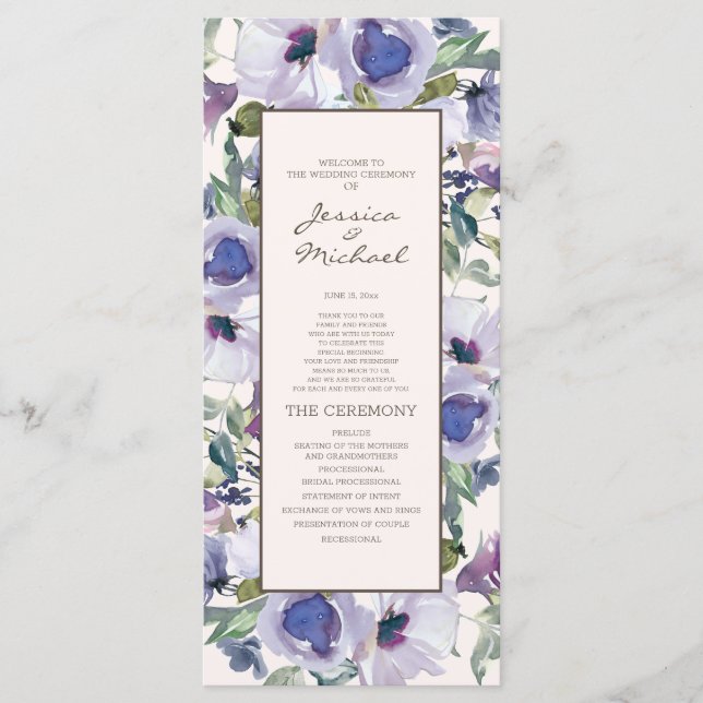 Programa de Casamento Floral Boho Azul Poeira Lilá (Frente)