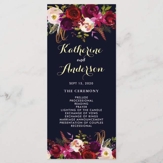 Programa de Casamento Floral Boho Navy Burgundy Ma (Frente)