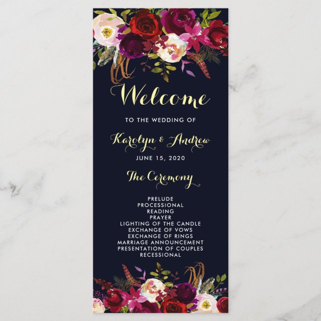 Programa de Casamento Floral Boho Navy Burgundy Ma (Frente)
