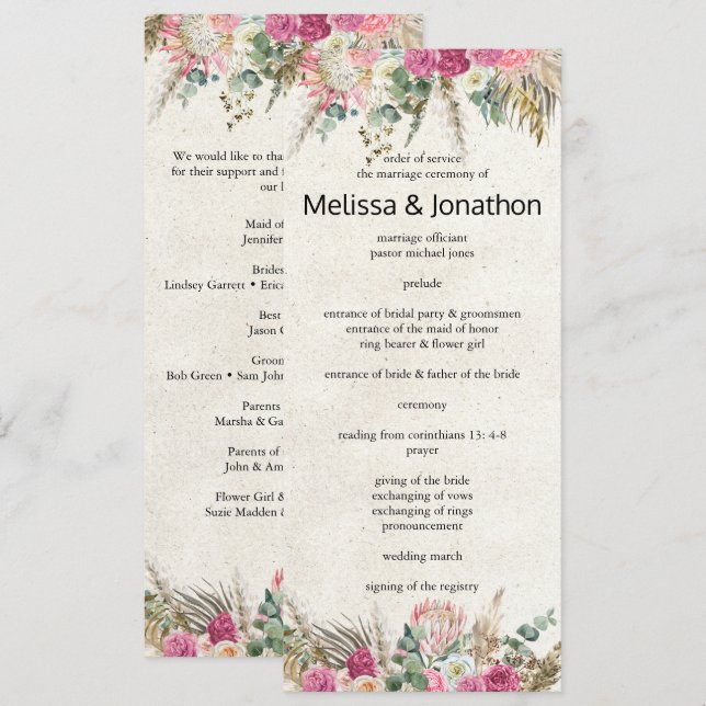 Programa de Casamento Floral Boho Pastel Neutro (Frente/Verso)