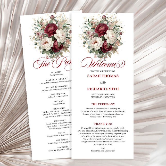 Programa de Casamento Floral Borgonha Beijo Clássi (Classic Blush Burgundy Floral Wedding Program)