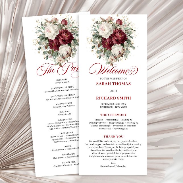 Programa de Casamento Floral Borgonha Blush Premiu (Premium Blush Burgundy Floral Wedding Program)