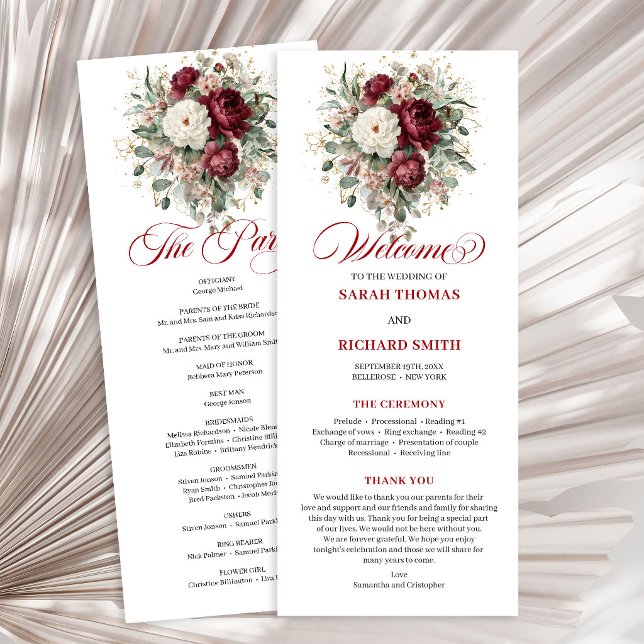 Programa de Casamento Floral Borgonha Bohemian Blu (Bohemian Blush Burgundy Floral Wedding Program)