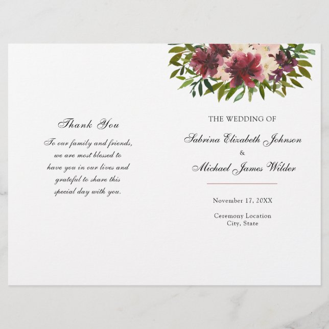 Programa de Casamento Floral Borgonha Dobrado (Frente)