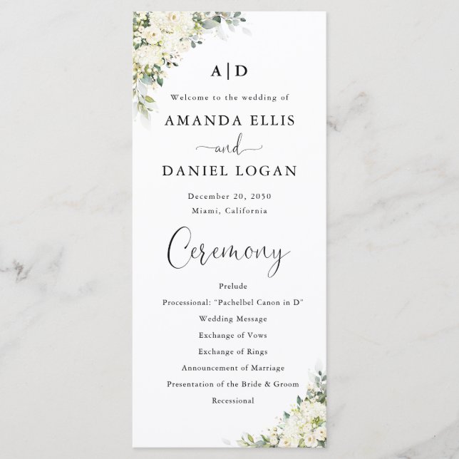 Programa de Casamento Floral Branco Elegante (Frente)