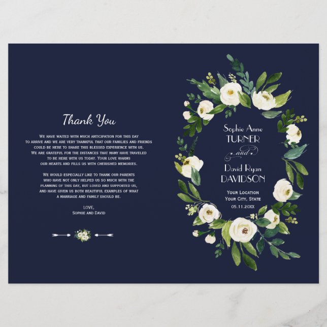 Programa de Casamento Floral Branco em Aquarela Az (Frente)