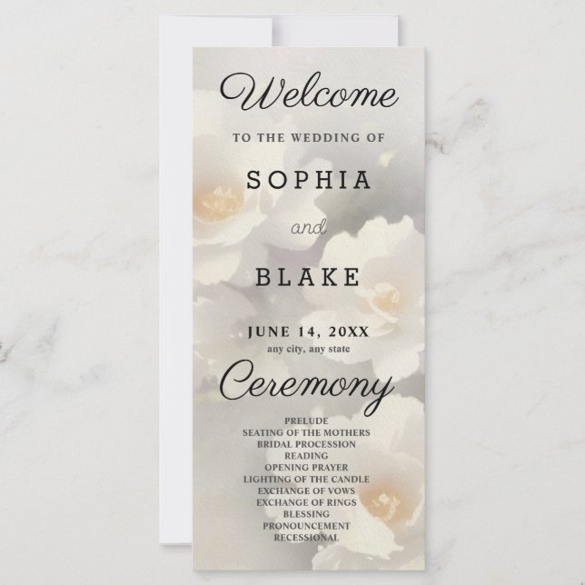 Programa de Casamento Floral Branco Marfim e Cinza (Frente)