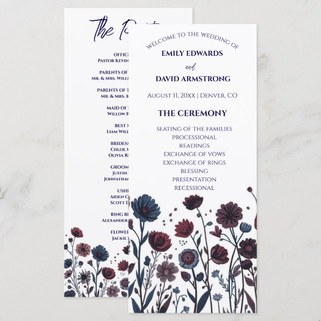 Programa de Casamento Floral Burgundy & Azul Tempe (Frente/Verso)