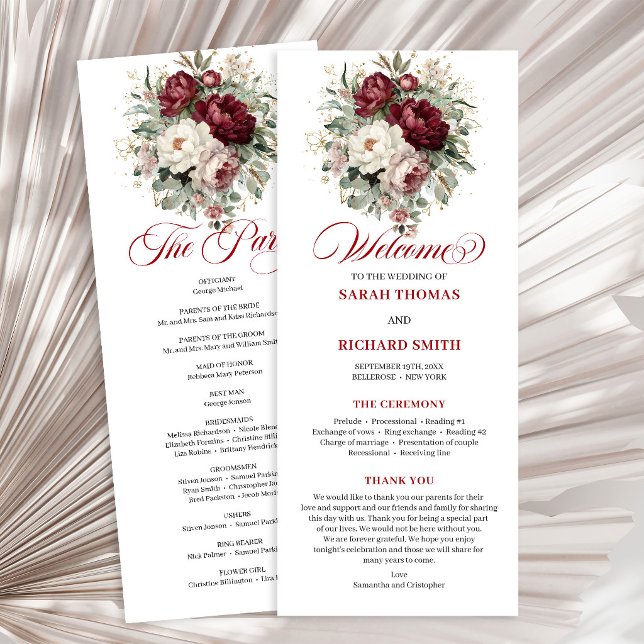 Programa de Casamento Floral Burgundy Opulento Ros (Opulent Blush Burgundy Floral Wedding Program)