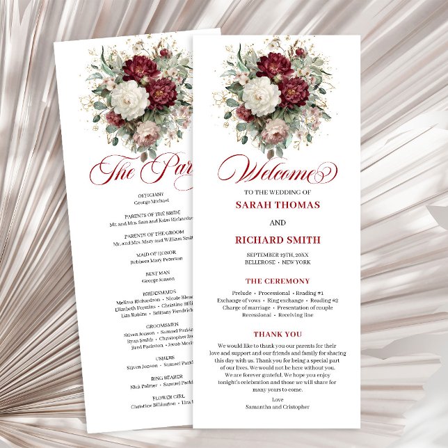 Programa de Casamento Floral Burgundy Vermelho Int (Deep Red Blush Burgundy Floral Wedding Program)