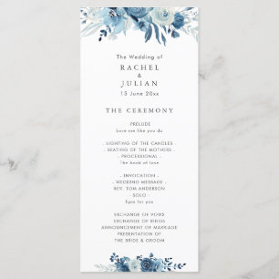 programa de casamento floral com aquarela azul