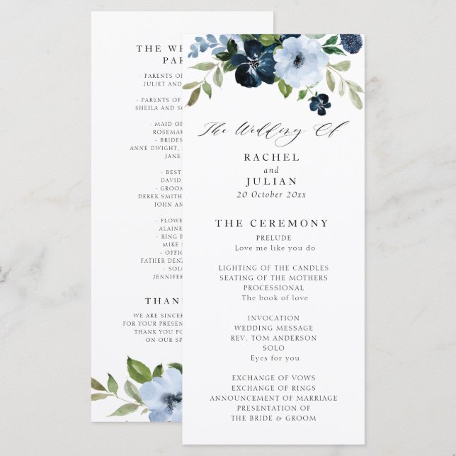 Programa de casamento floral com marinho e azul cl (Frente/Verso)