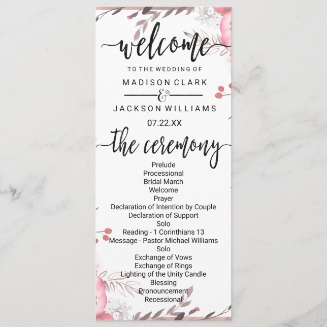 Programa de Casamento Floral com Moldura em Blush  (Frente)