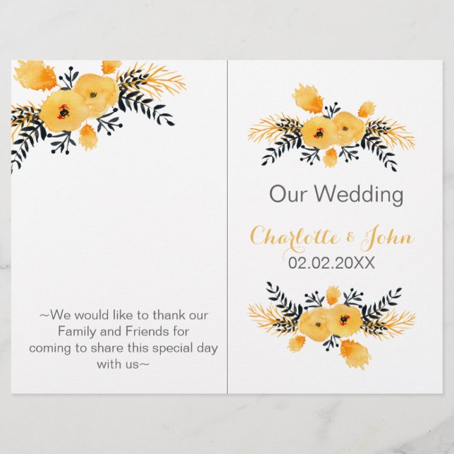 programa de casamento floral da cinza amarela (Frente)