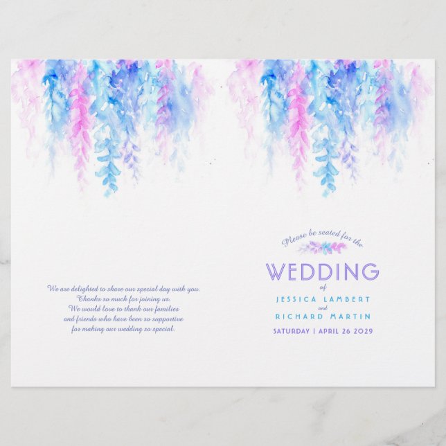 Programa de casamento floral da vinha azul-aquarel (Frente)