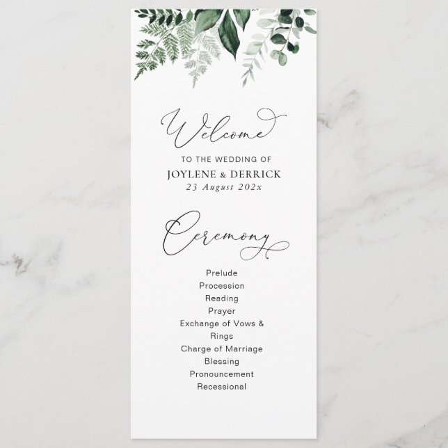 programa de casamento floral de aquarela verde (Frente)
