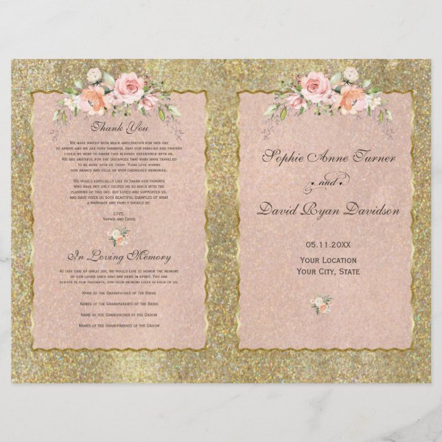 Programa de Casamento Floral de Blush Dourado Eleg (Frente)