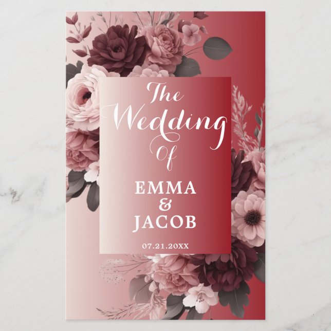 Programa de Casamento Floral de Borgonha Rosa-Cinz (Frente)