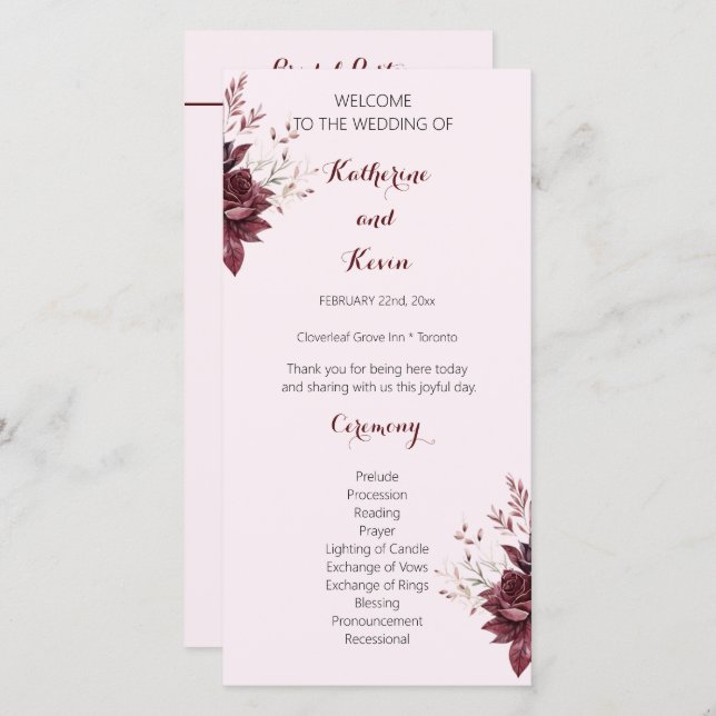 Programa de Casamento Floral de Burgandy Blush (Frente/Verso)