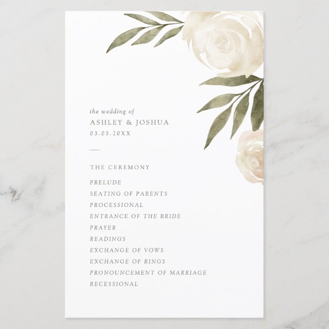 Programa de Casamento Floral de Cor Branca Elegant (Frente)