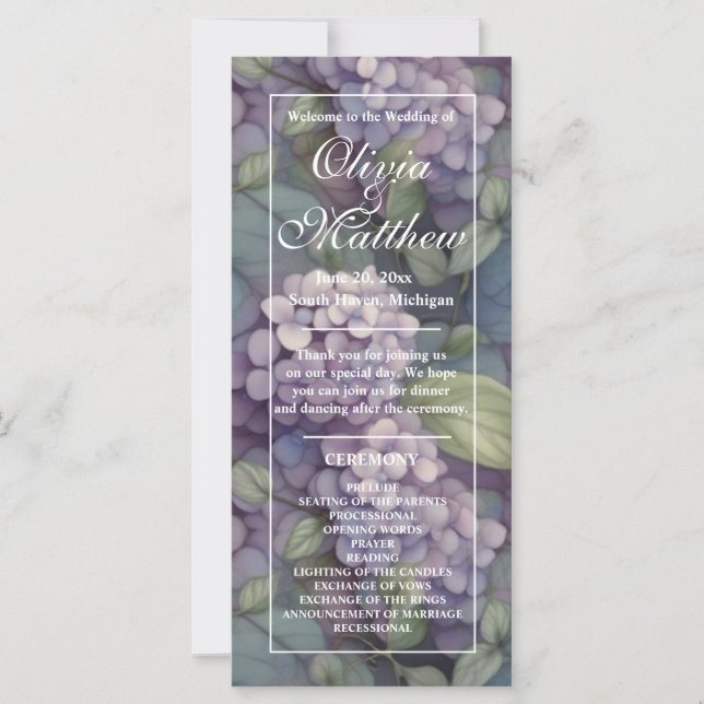 Programa de Casamento Floral de Cor da Água Púrpur (Frente)