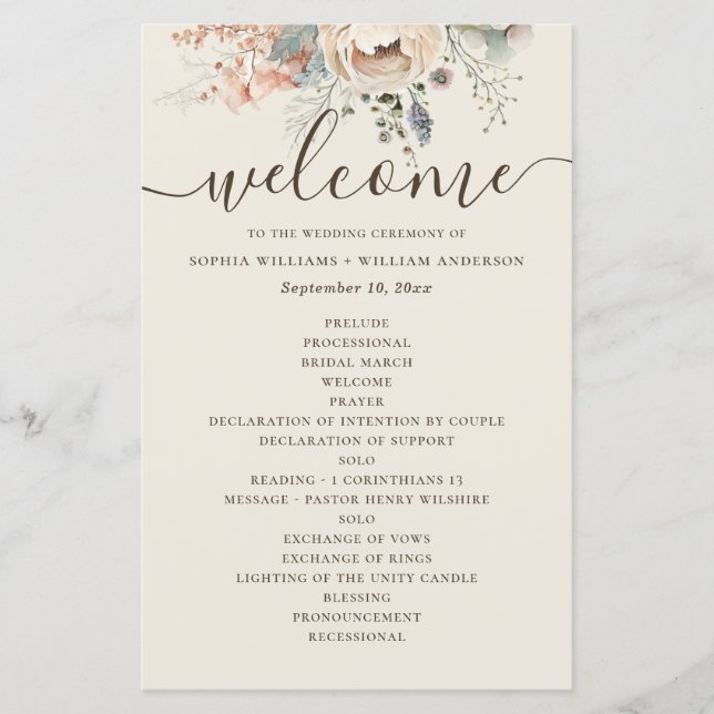 Programa de casamento floral de jardim de aquarela (Frente)