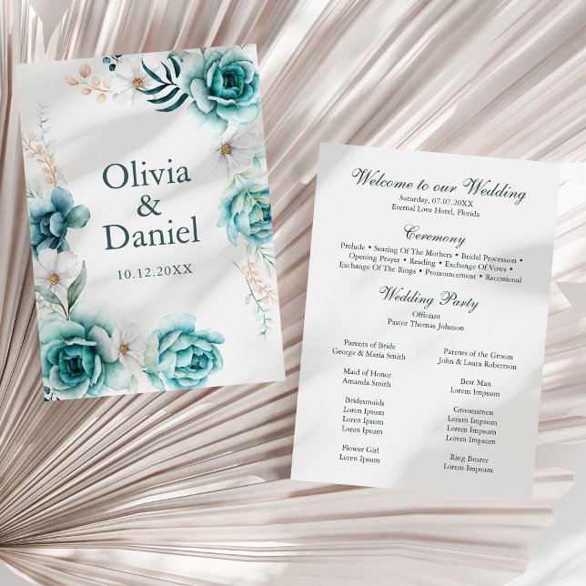 Programa de Casamento Floral de Off-White e Teal (Off-White & Teal Floral Wedding Program on a sunny white dry palm leaf.)